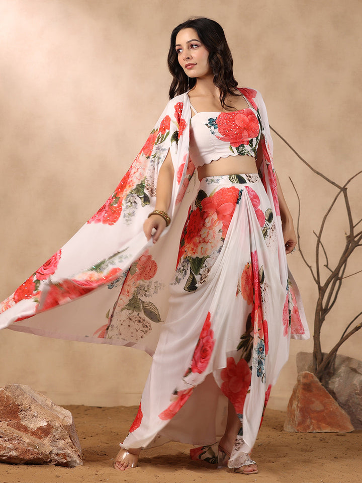 Printed Crepe Cape And Dhoti Skirt Set