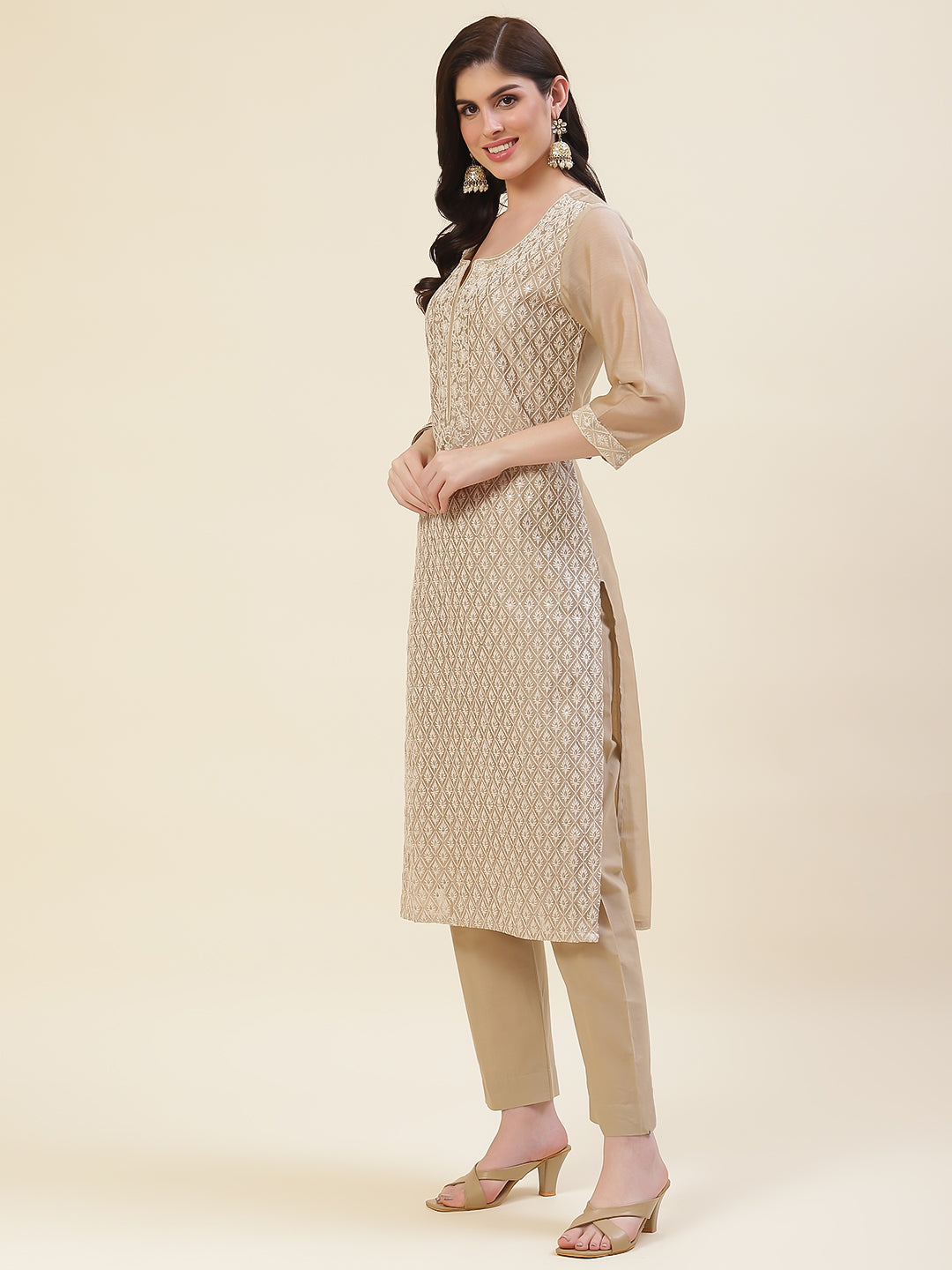 Embroidered Chanderi Cotton Kurta With Pants