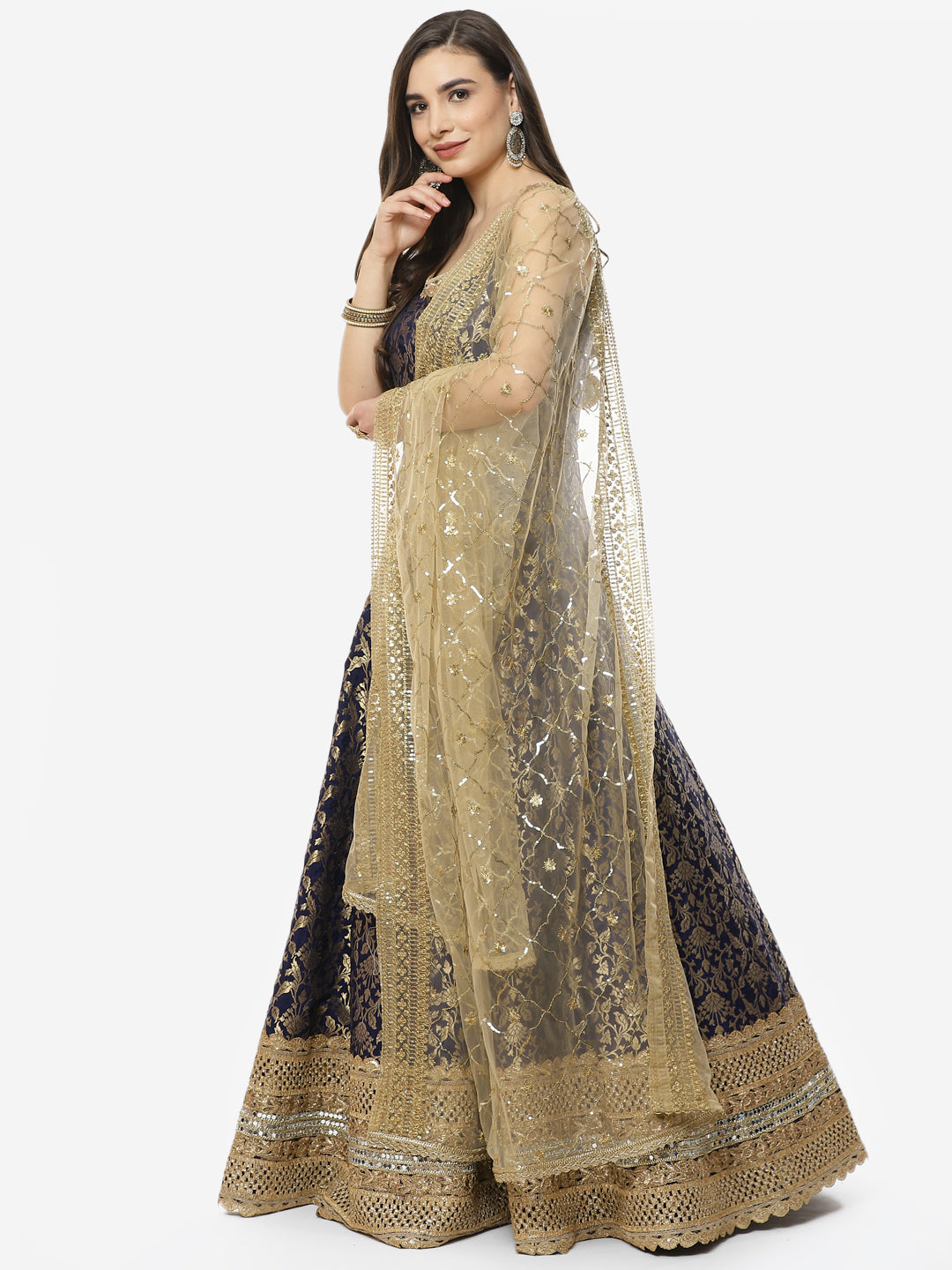 Zari Jaal Banarasi Handloom Stitched Anarkali Kurti With Net Dupatta