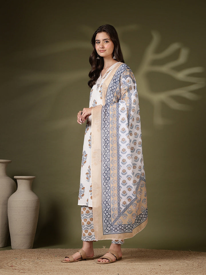 Printed Cotton Blend Kurta With Pant &amp; Dupatta
