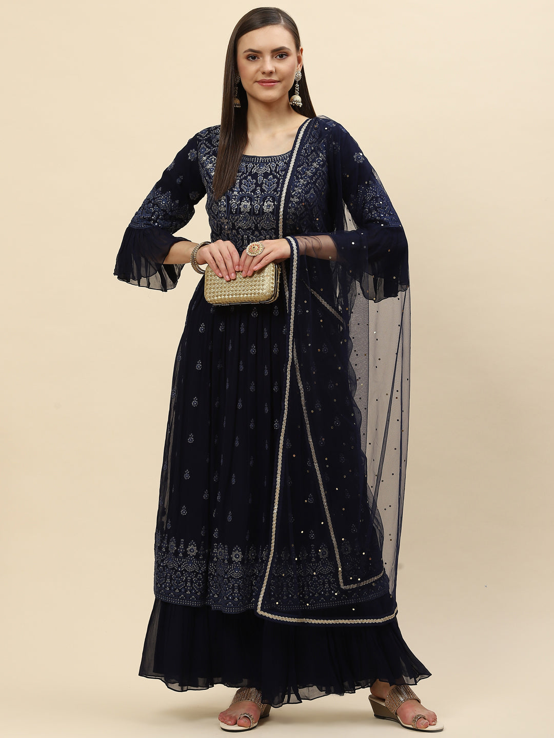 Resham Sequin Embroidered Georgette Kurta With Palazzo &amp; Dupatta