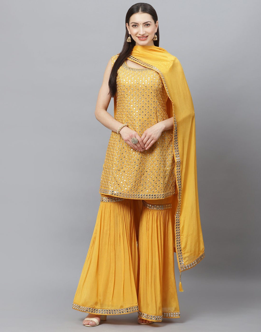 Elegant Red Art Crepe Stitched Gharara Set