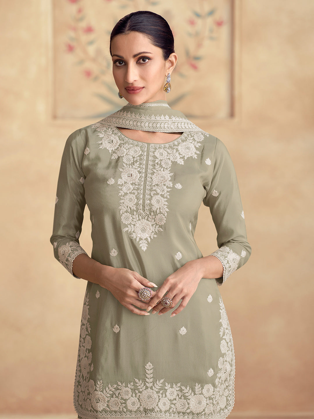Embroidered Shimmer Silk Kurta With Plazzo &amp; Dupatta