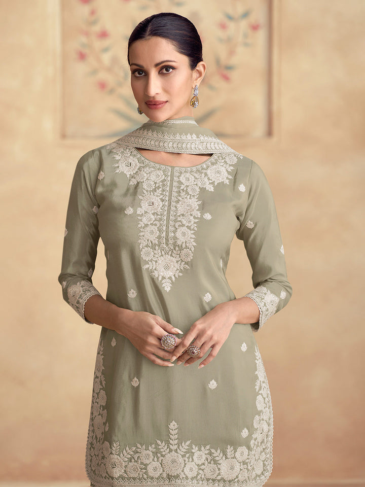 Embroidered Shimmer Silk Kurta With Plazzo &amp; Dupatta