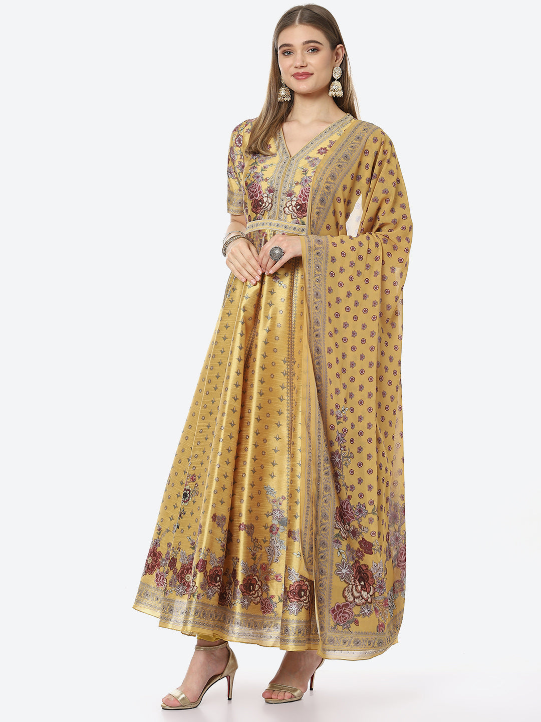 Digital Floral Printed Anarkali Kurta With Churidar &amp; Georgette Dupatta