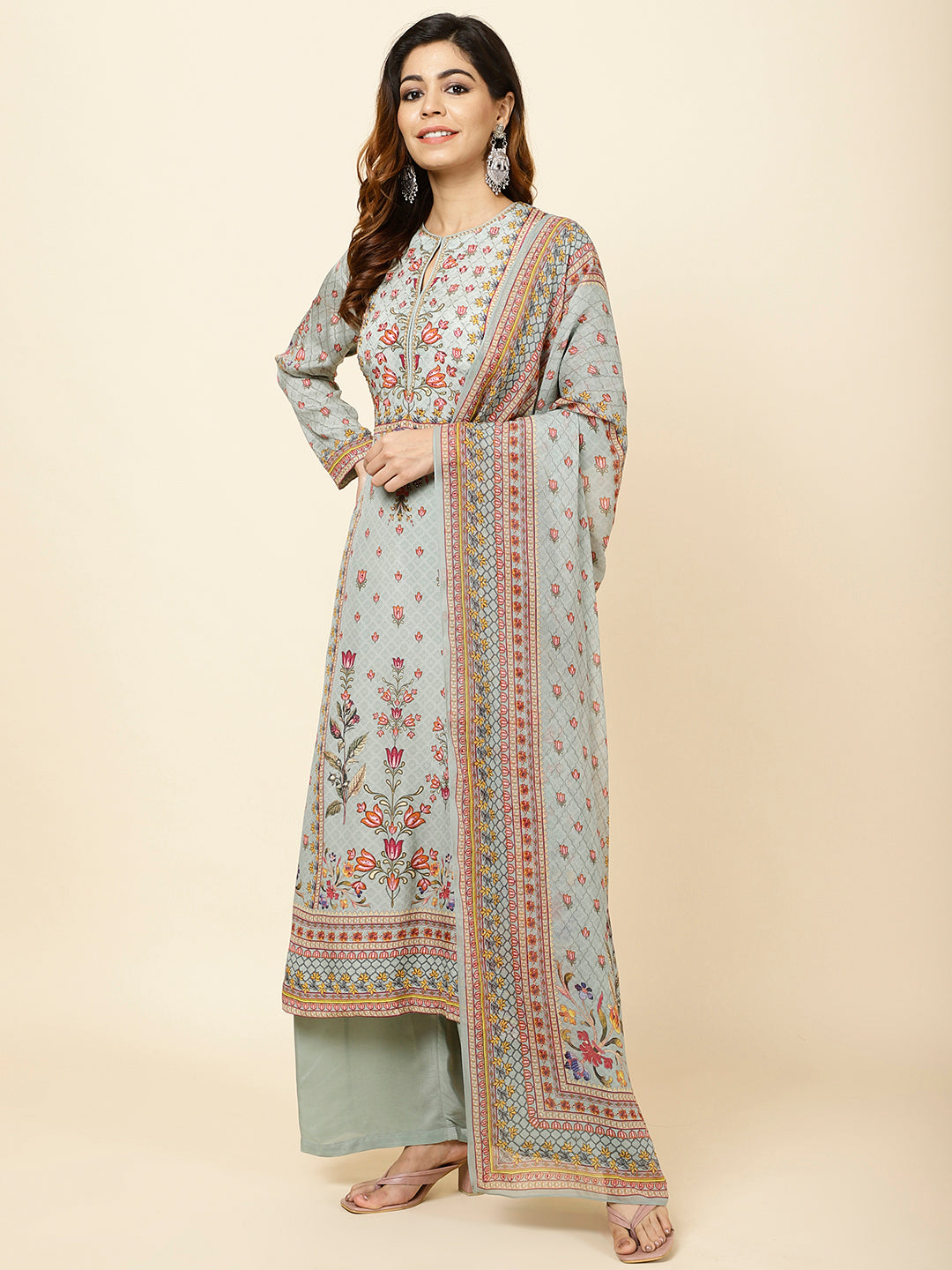 Digital Floral Printed Crepe Kurta With Palazzo &amp; Dupatta