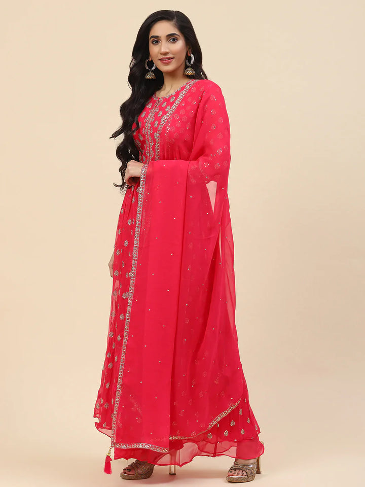 Sequin Embroidered Georgette Kurta With Sharara &amp; Dupatta