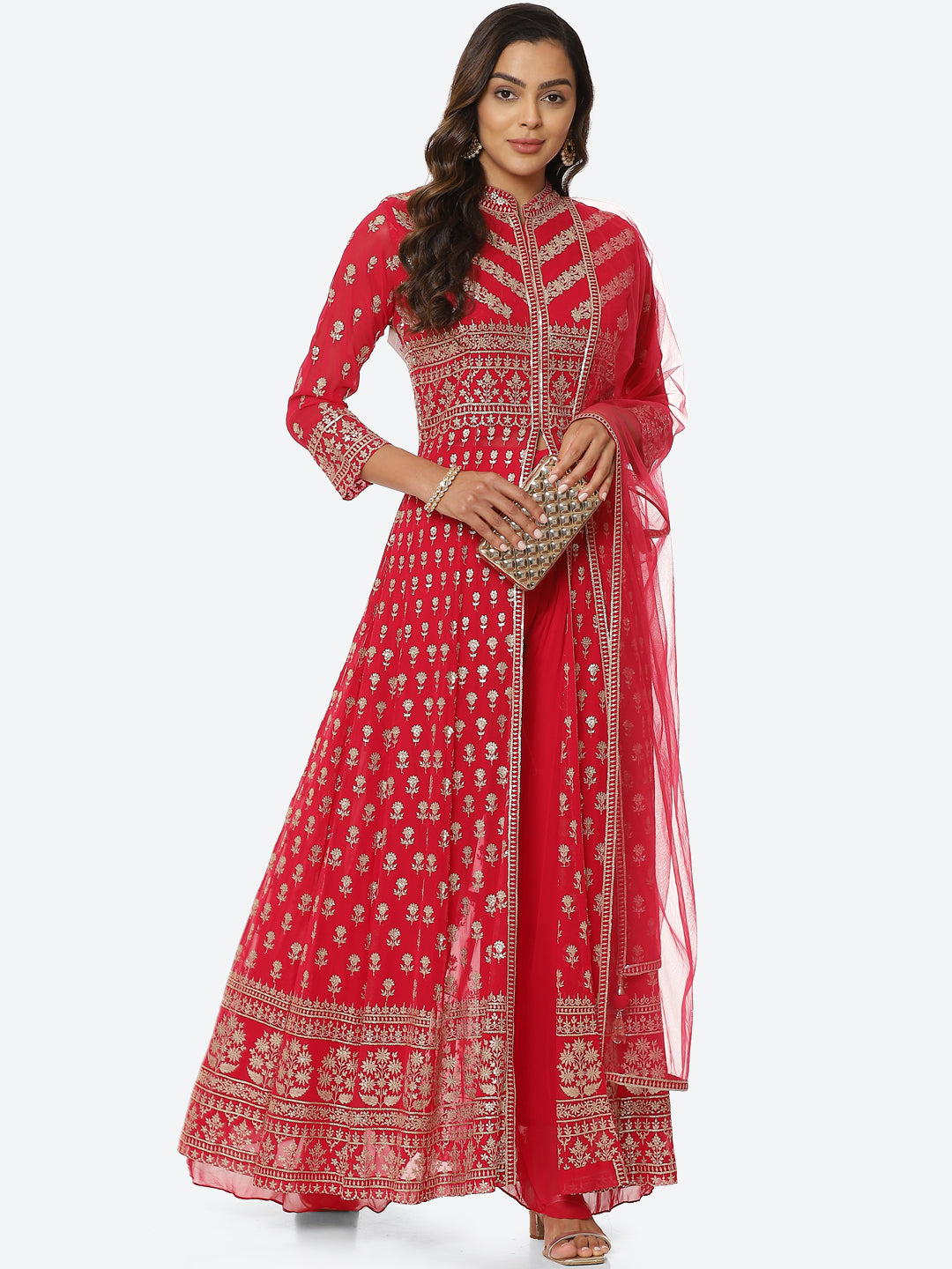 Zari Booti Georgette Kurta With Palazzo &amp; Net Dupatta
