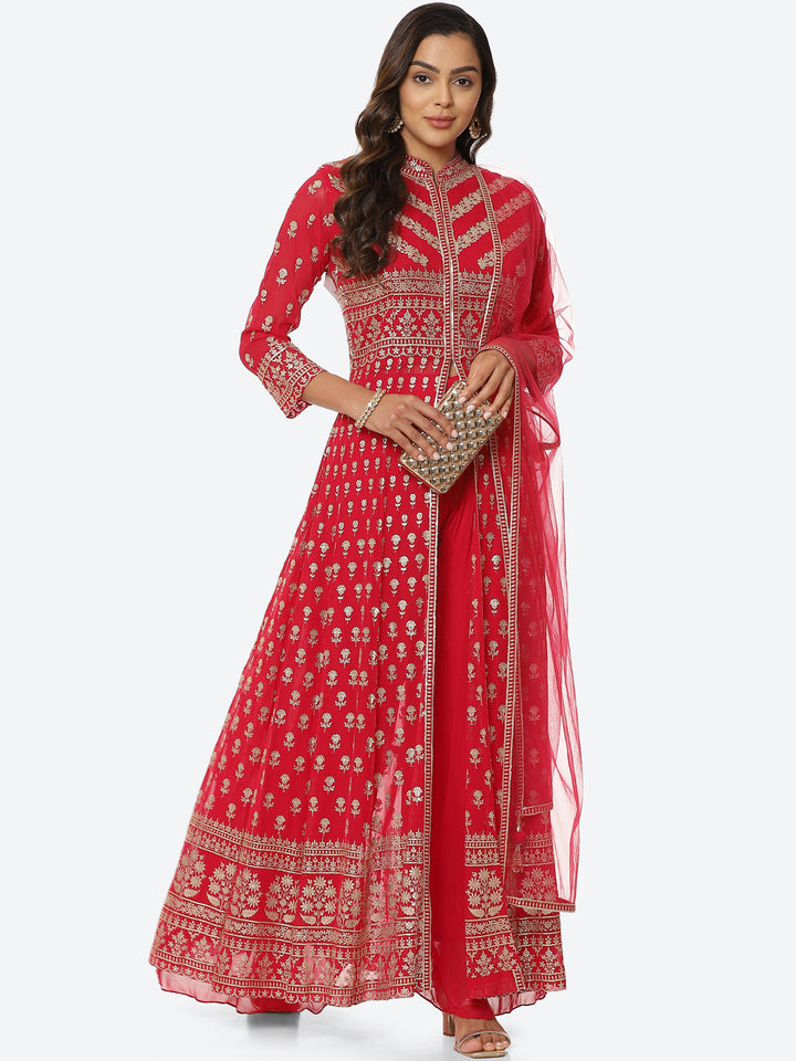 Zari Booti Georgette Kurta With Palazzo &amp; Net Dupatta