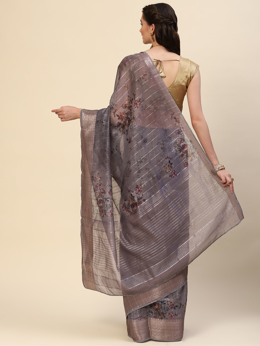 Digital Floral Printed Sequin Cotton Saree