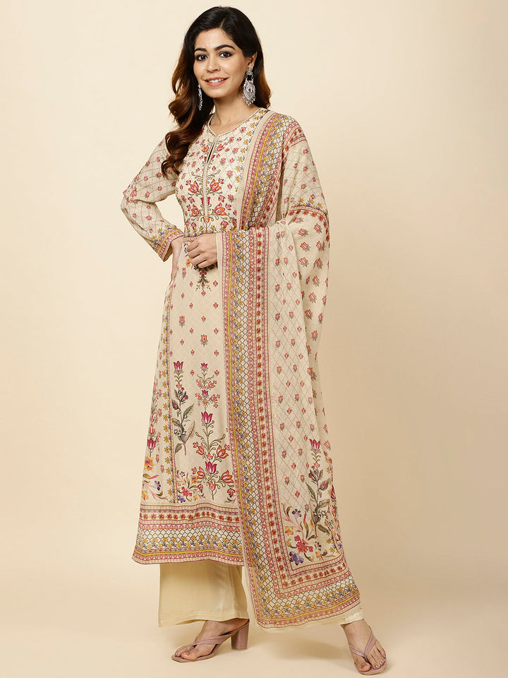 Digital Floral Printed Crepe Kurta With Palazzo &amp; Dupatta