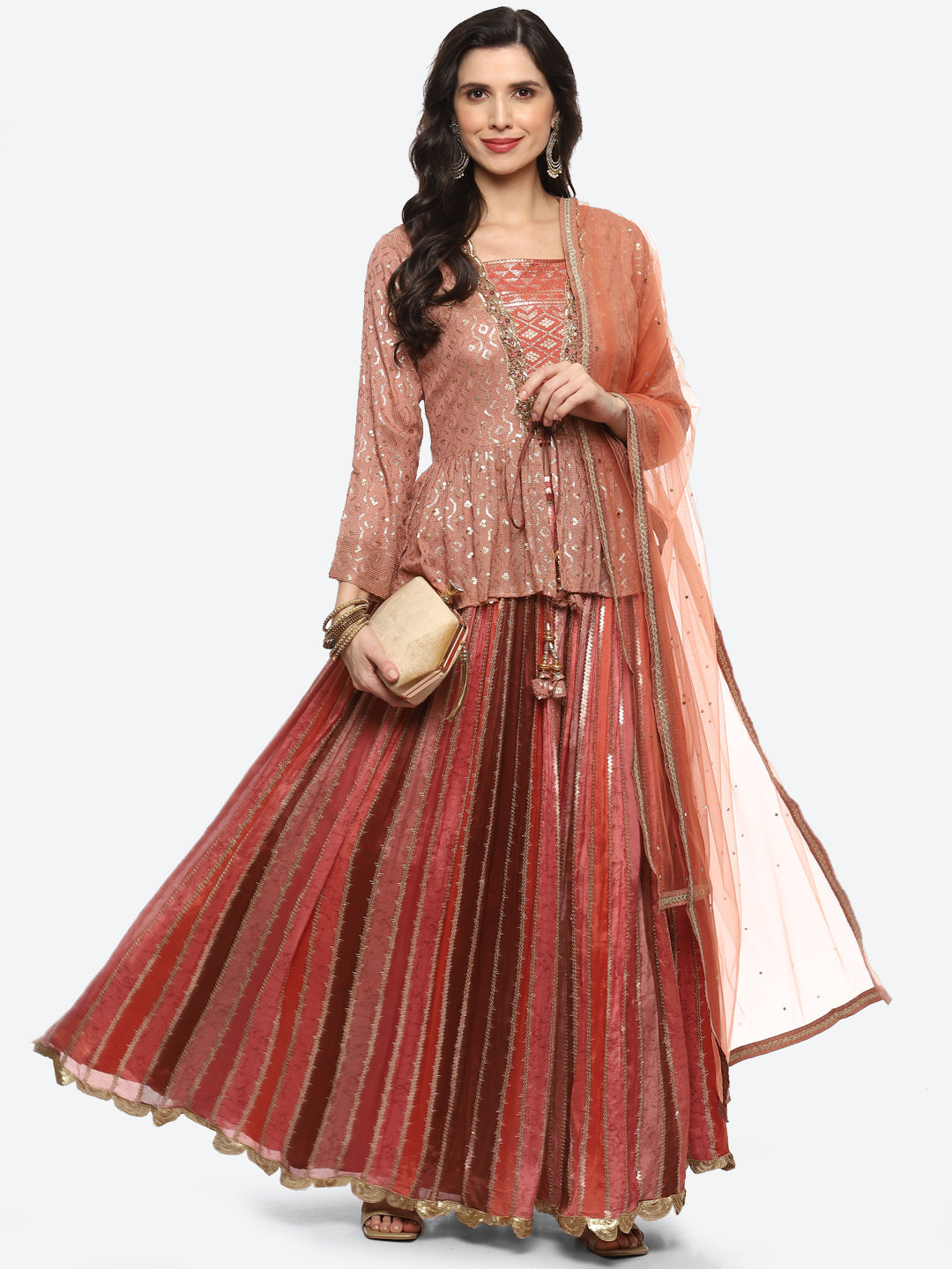 Resham Embroidered Georgette Choli Jacket With Lehenga &amp; Dupatta