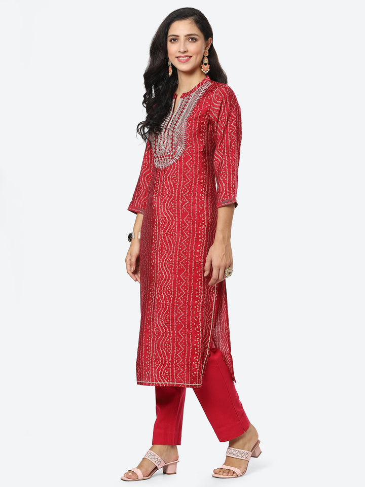 Zari Embroidered Bandhej Printed Muslin Kurti With Pant