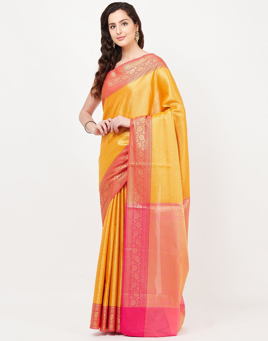 MBZ Meena Bazaar-Mustard Cotton Woven Saree