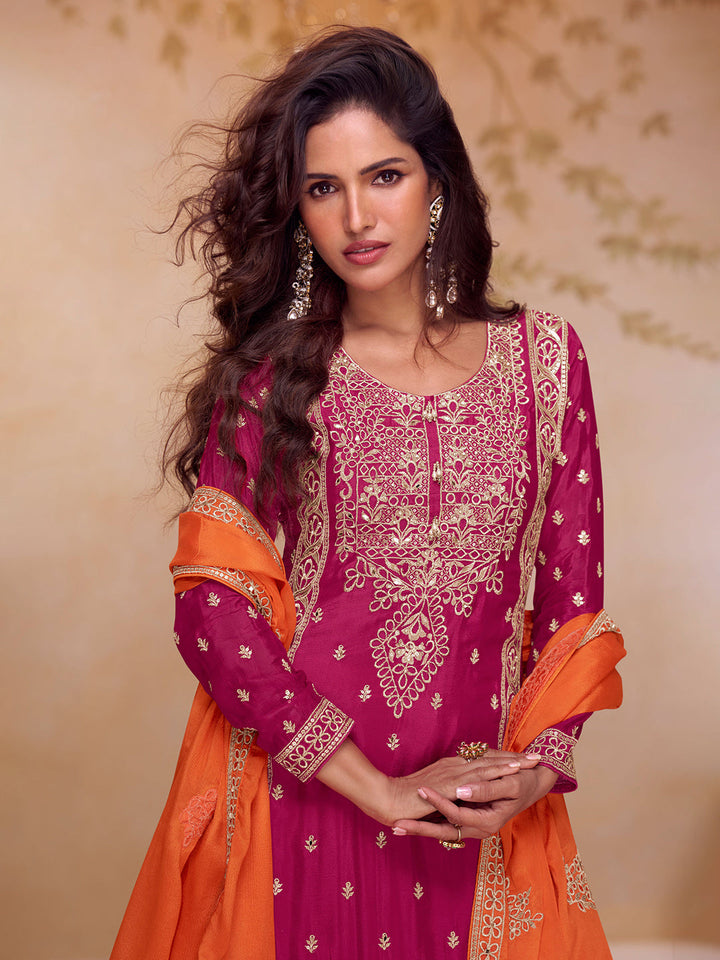Embroidered Chinon Kurta With Plazzo &amp; Dupatta