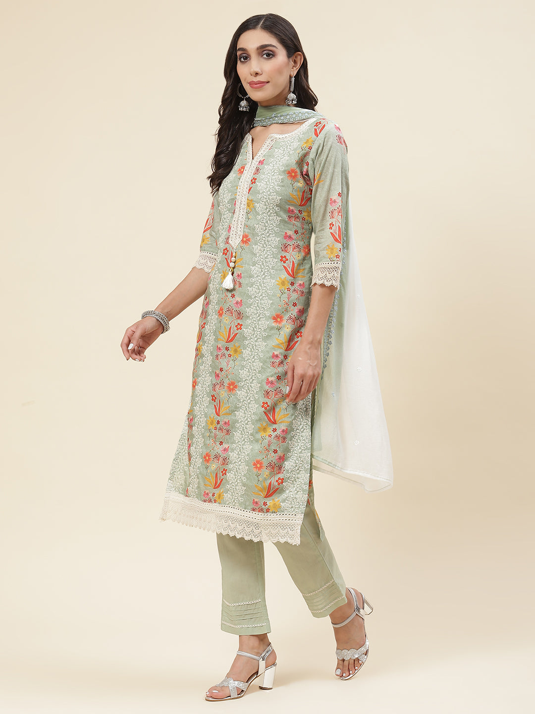 Floral Printed &amp; Embroidered Cotton Kurta With Pants &amp; Dupatta