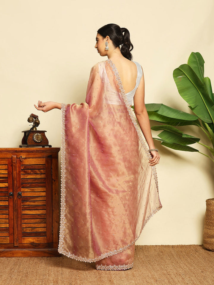 Cut Work &amp; Stone Embellished Tissue Saree