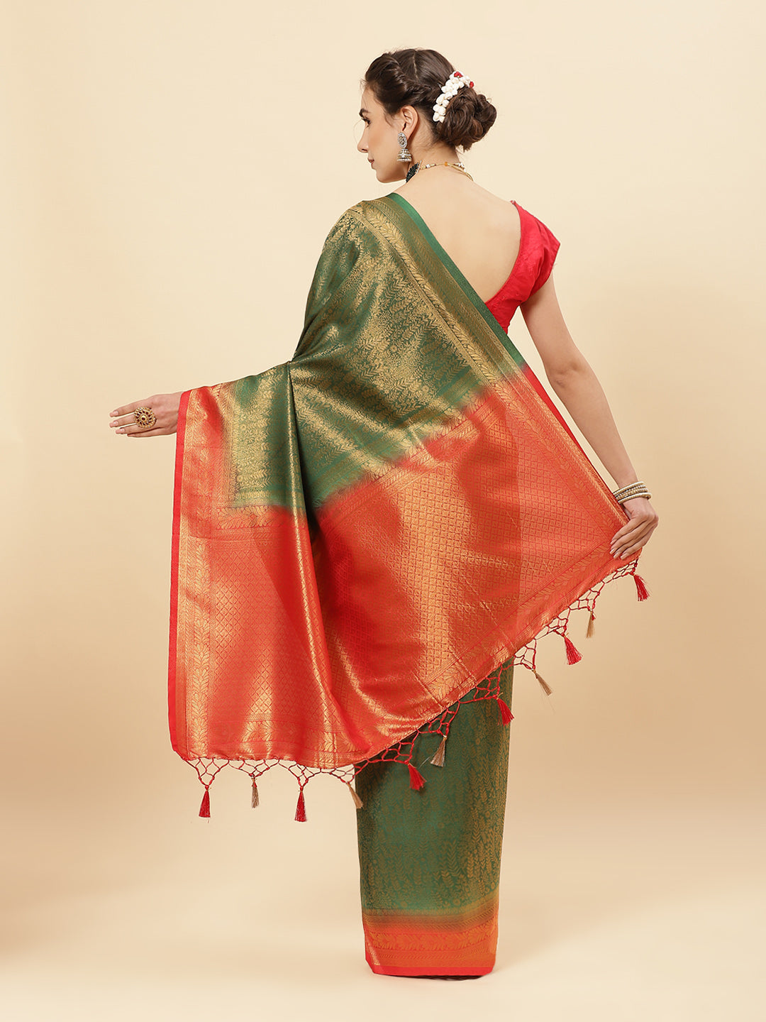 Brocade Zari Jaal Art Handloom Saree  with Contrast Blouse