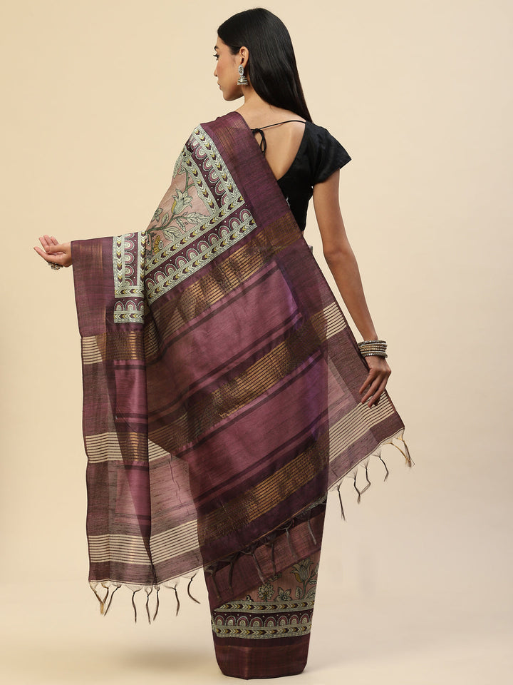 Digital Floral Zari Border Tussar Saree