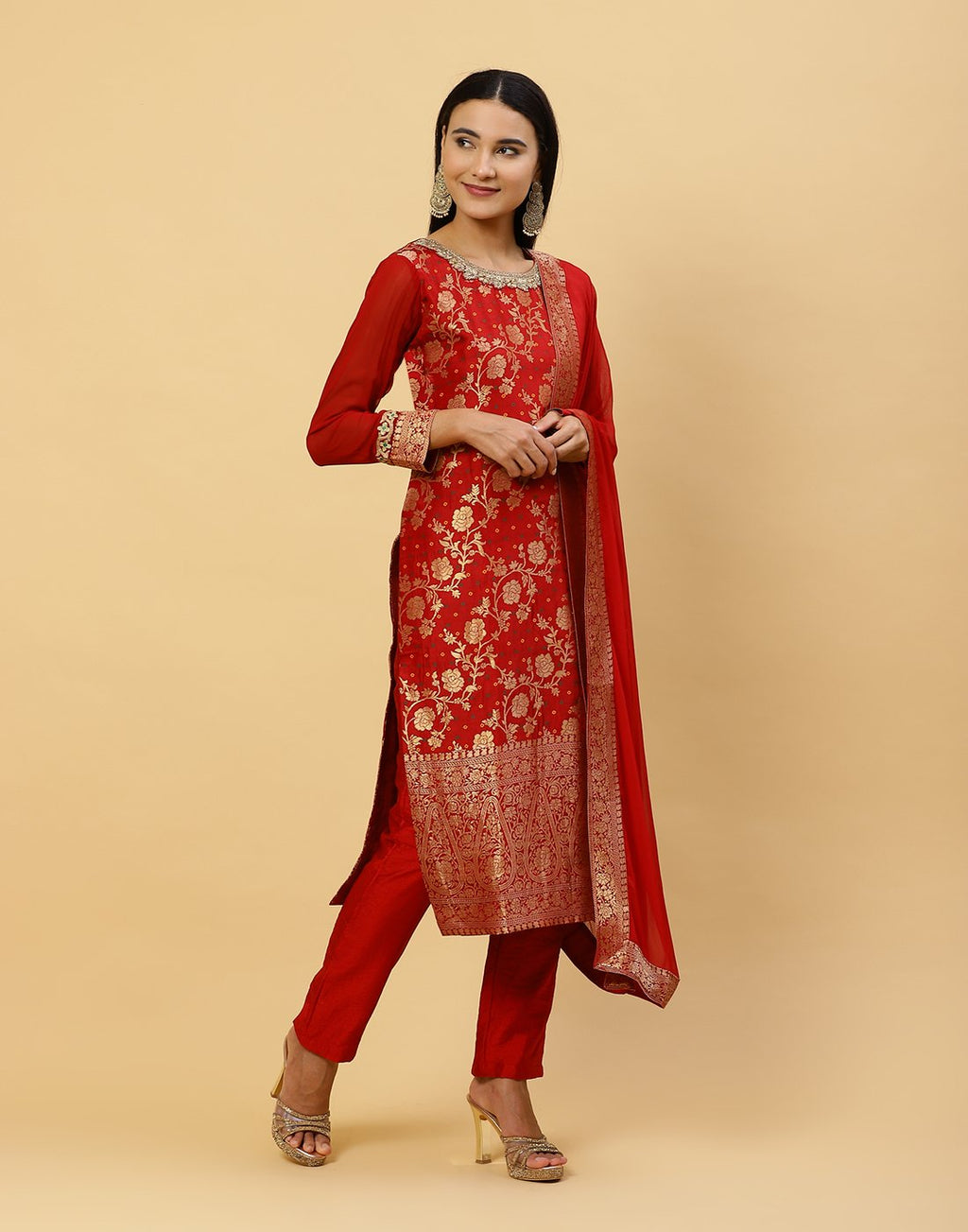 Embroidered Banarasi Brocade Salwar Kameez Stitched Suit With Georgette Dupatta