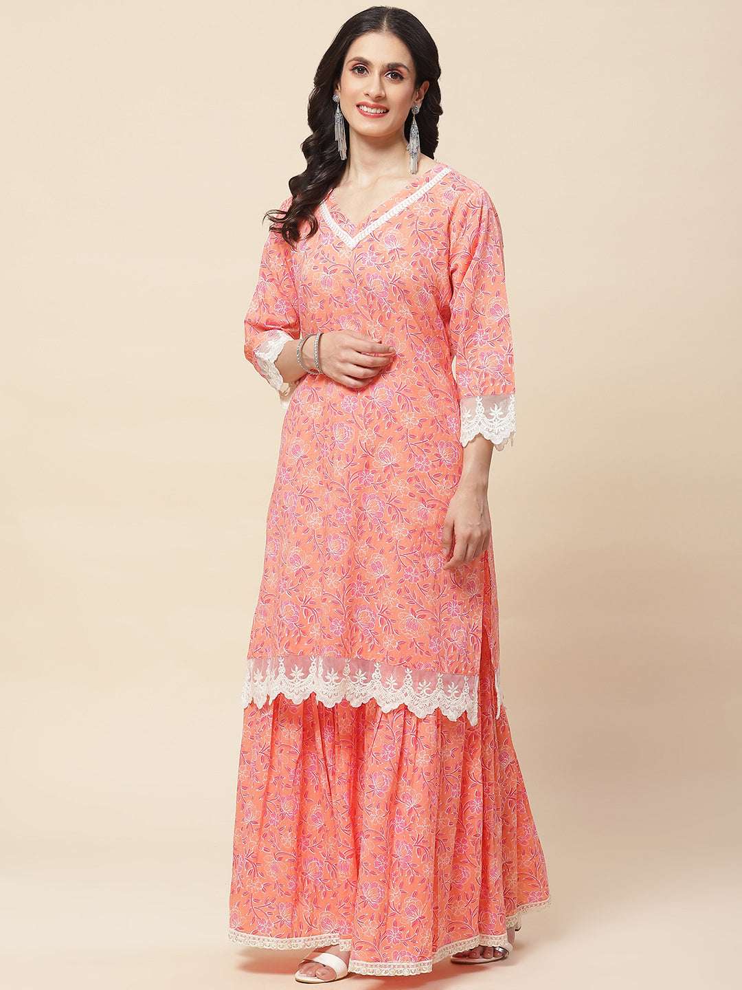 Floral Printed Cotton Kurta With Sharara