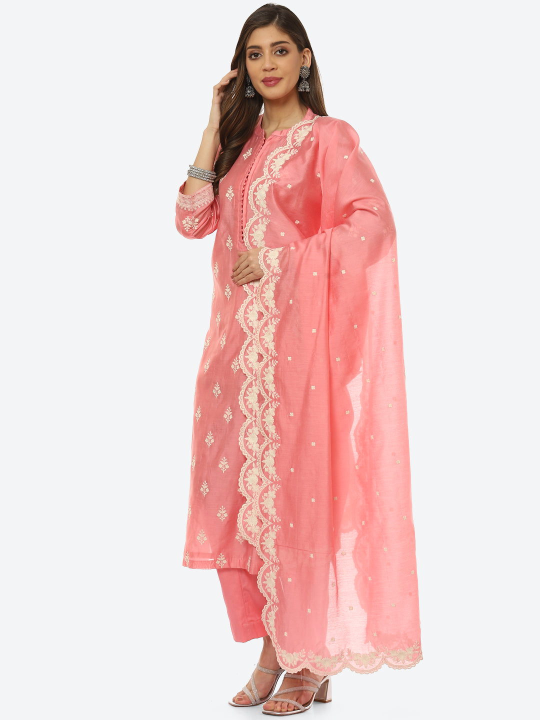 Resham Booti Cotton Kurta With Pant &amp; Dupatta