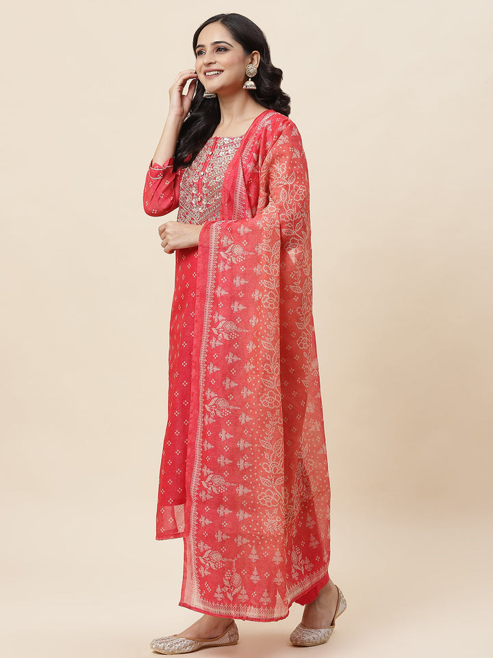 Bandhani Printed Chanderi Kurta With Pants &amp; Dupatta