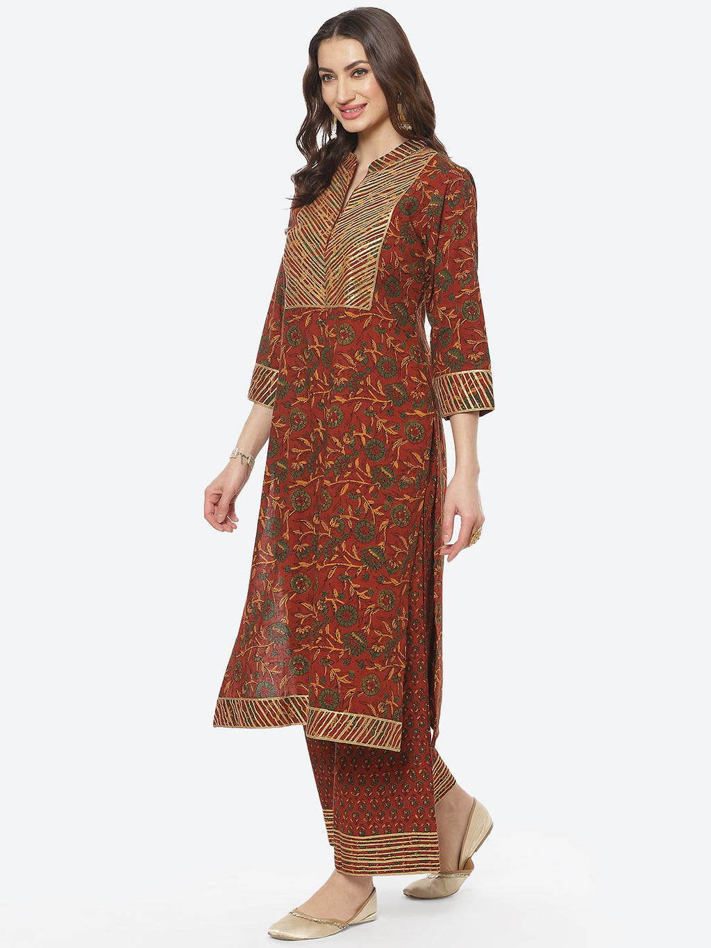 Printed Gota Neck Work Cotton Kurti With Palazzo