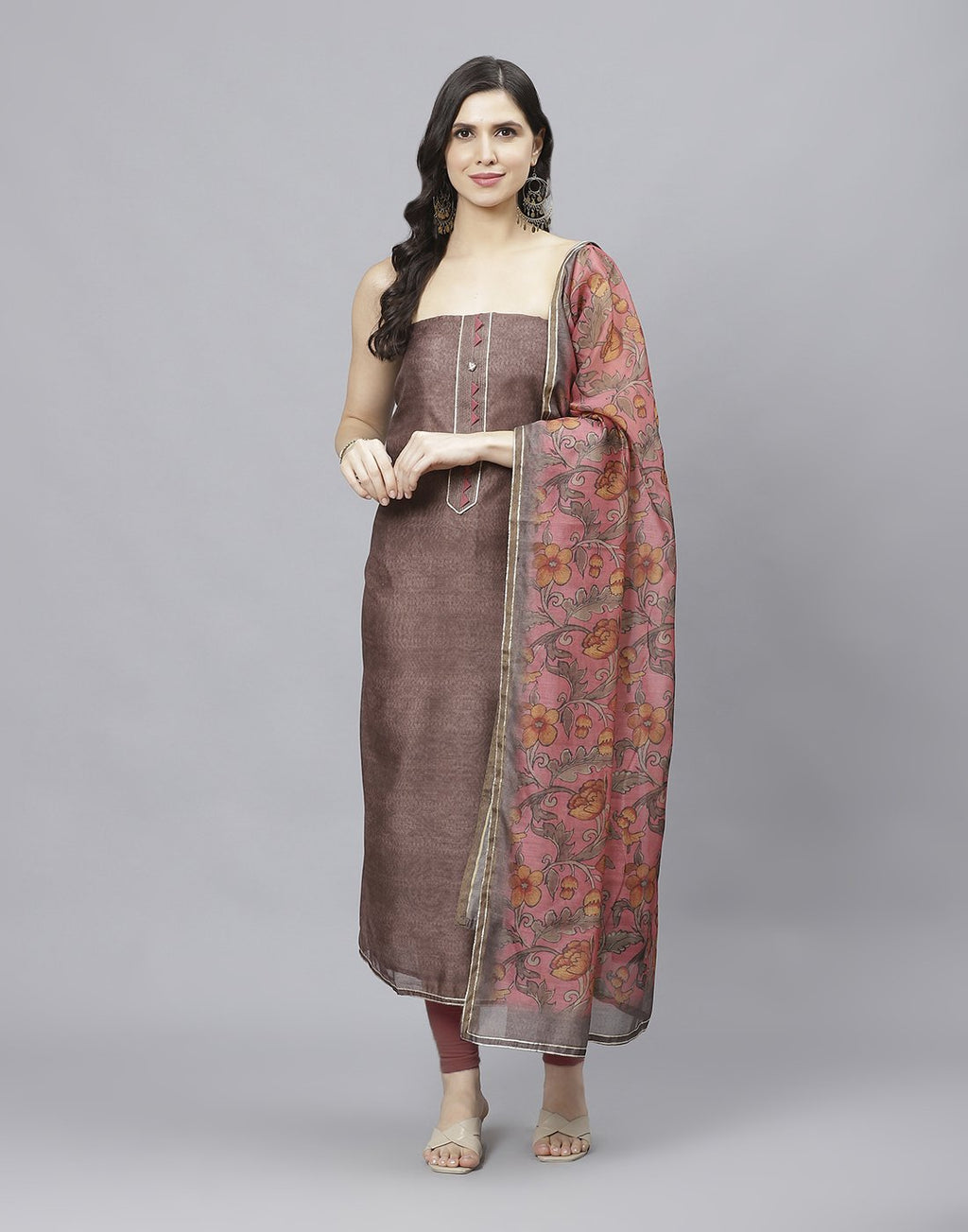 Embroidered Chanderi Suit Piece With Printed Chanderi Dupatta And Scarf
