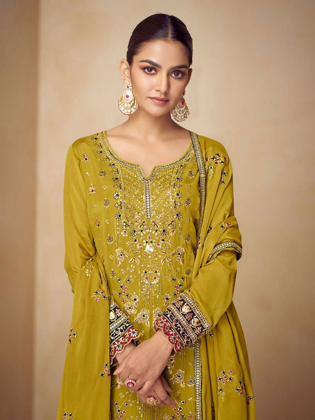 Embroidered Chinnon Kurta With Plazzo &amp; Dupatta