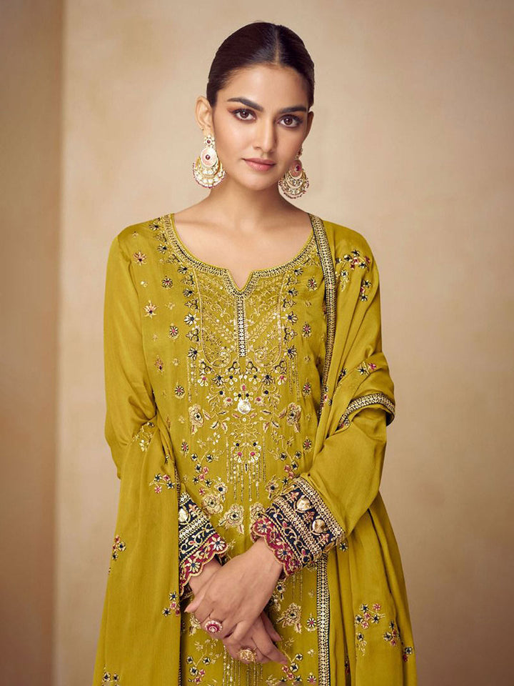 Embroidered Chinnon Kurta With Plazzo &amp; Dupatta