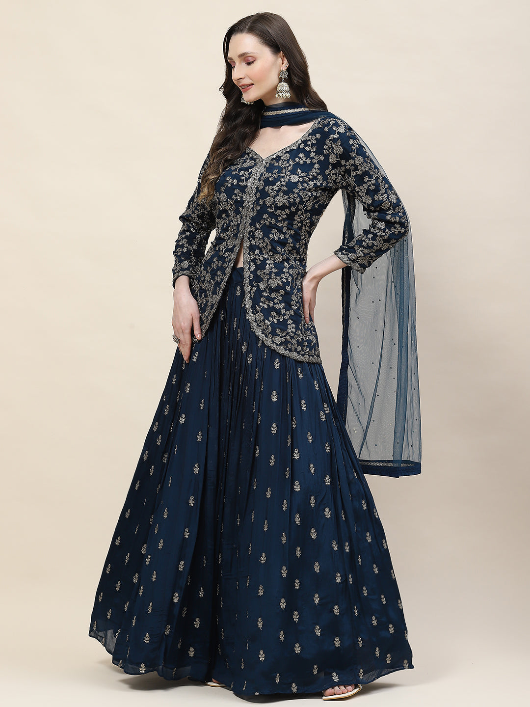Sequin Zari Embroidered Georgette Choli With Lehenga &amp; Dupatta