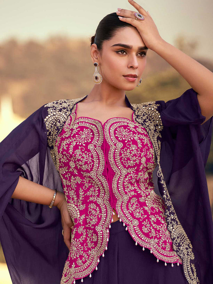 Embroidered Chinon Choli &amp; Plazzo With Jacket