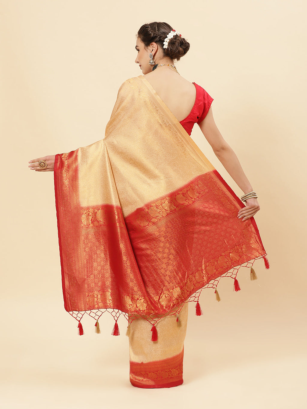 Brocade Zari Jaal Art Handloom Saree With Contrast Border