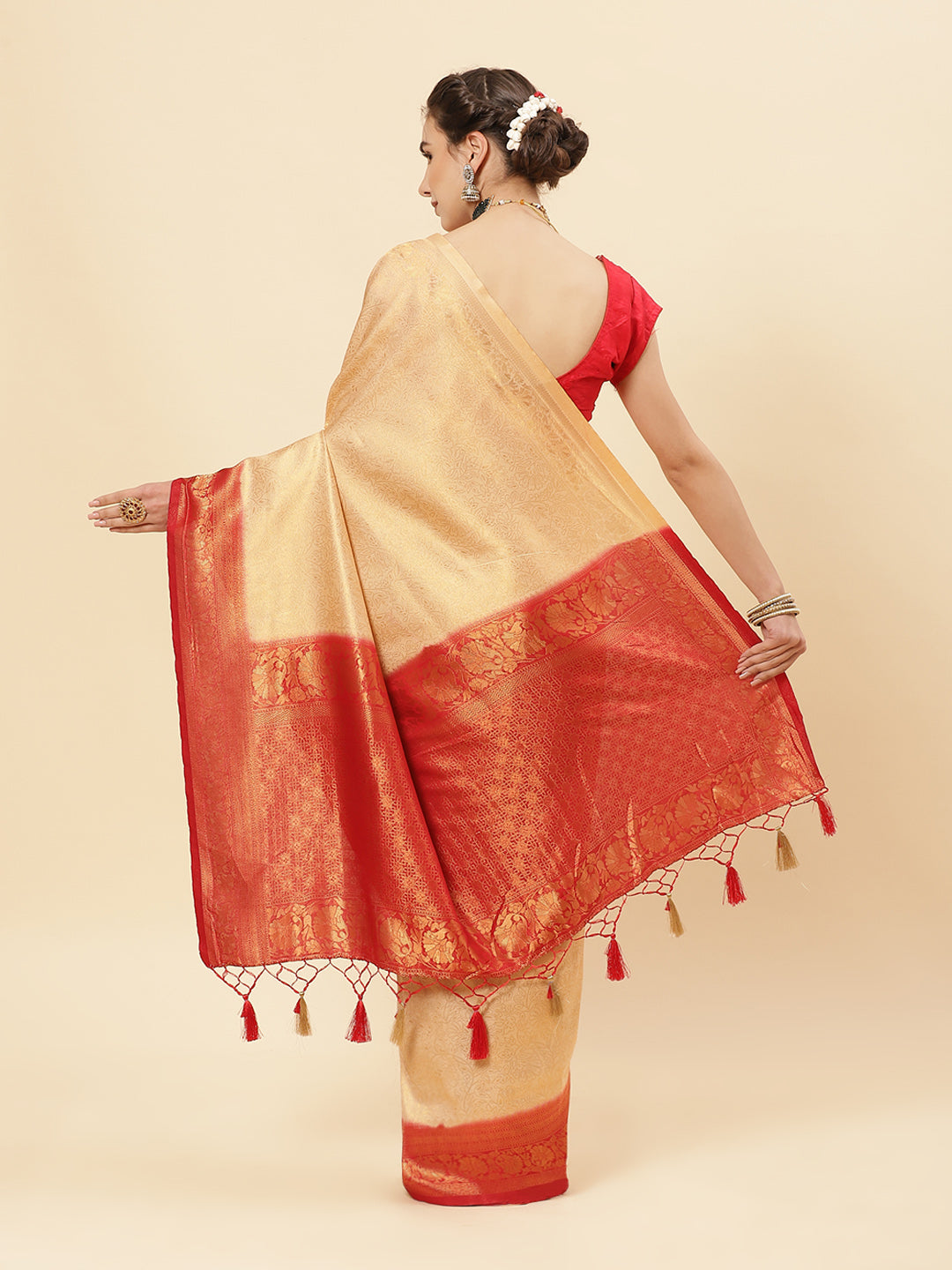 Brocade Zari Jaal Art Handloom Saree With Contrast Border