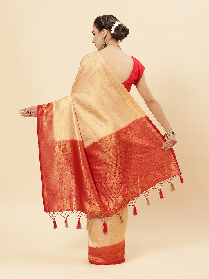 Brocade Zari Jaal Art Handloom Saree With Contrast Border