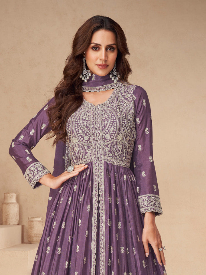 Embroidered Chinon Silk Gown With Plazzo &amp; Dupatta