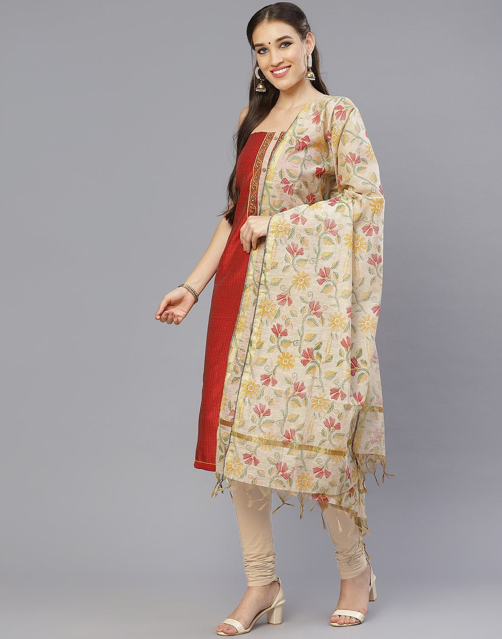 Chanderi Embroidered Suit Piece with fancy dupatta