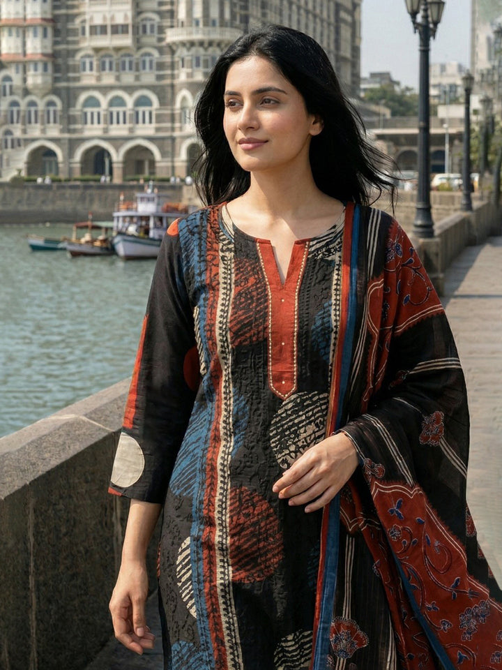 Embroidered Cotton Blend Kurta With Pant &amp; Dupatta