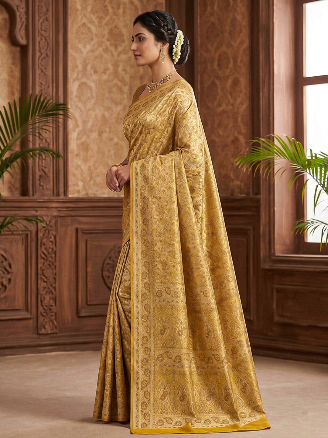 Mustard Woven Design Satan Resham Banarasi Saree