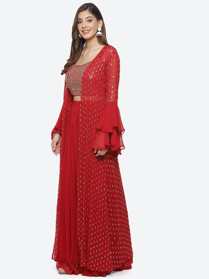 Mirror Work Georgette Crop Top With Palazzo &amp; Jacket