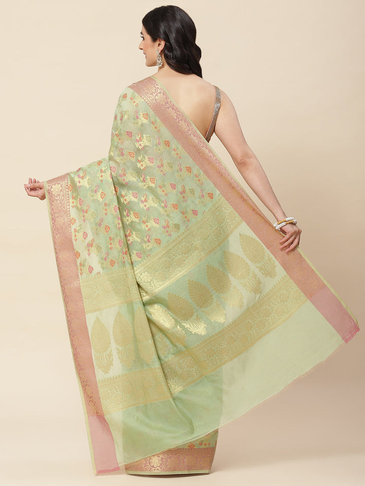 Plain Zari Booti Woven Cotton Saree