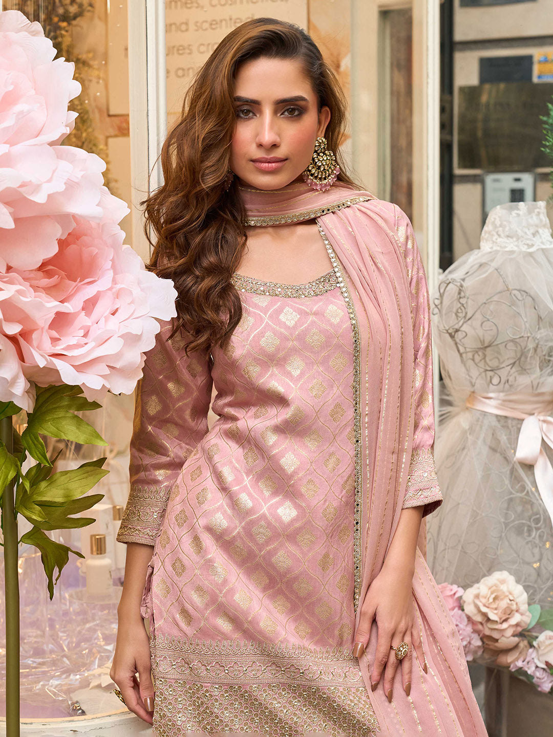Embroidered Art Silk Suit With Plazzo &amp; Dupatta