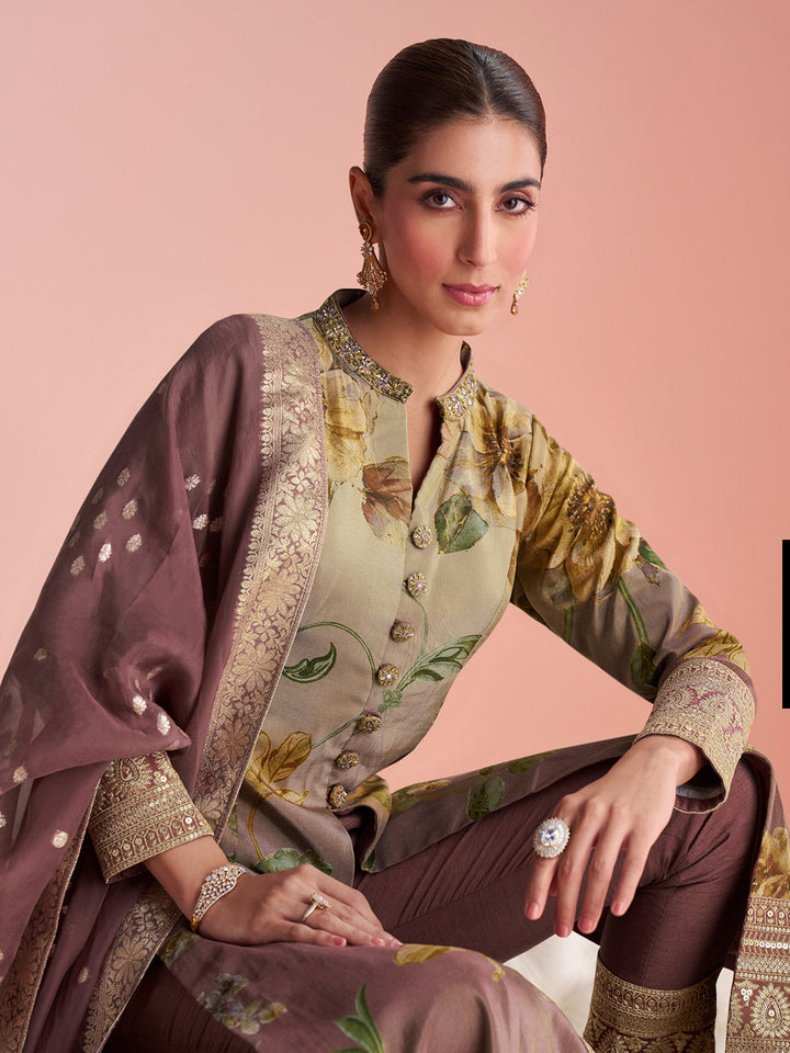 Embroidered Silk Suit With Pant &amp; Dupatta