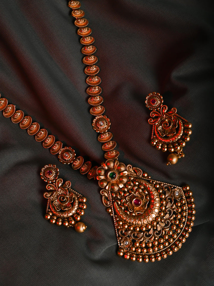 Golden Brass Necklace Set With Earrings
