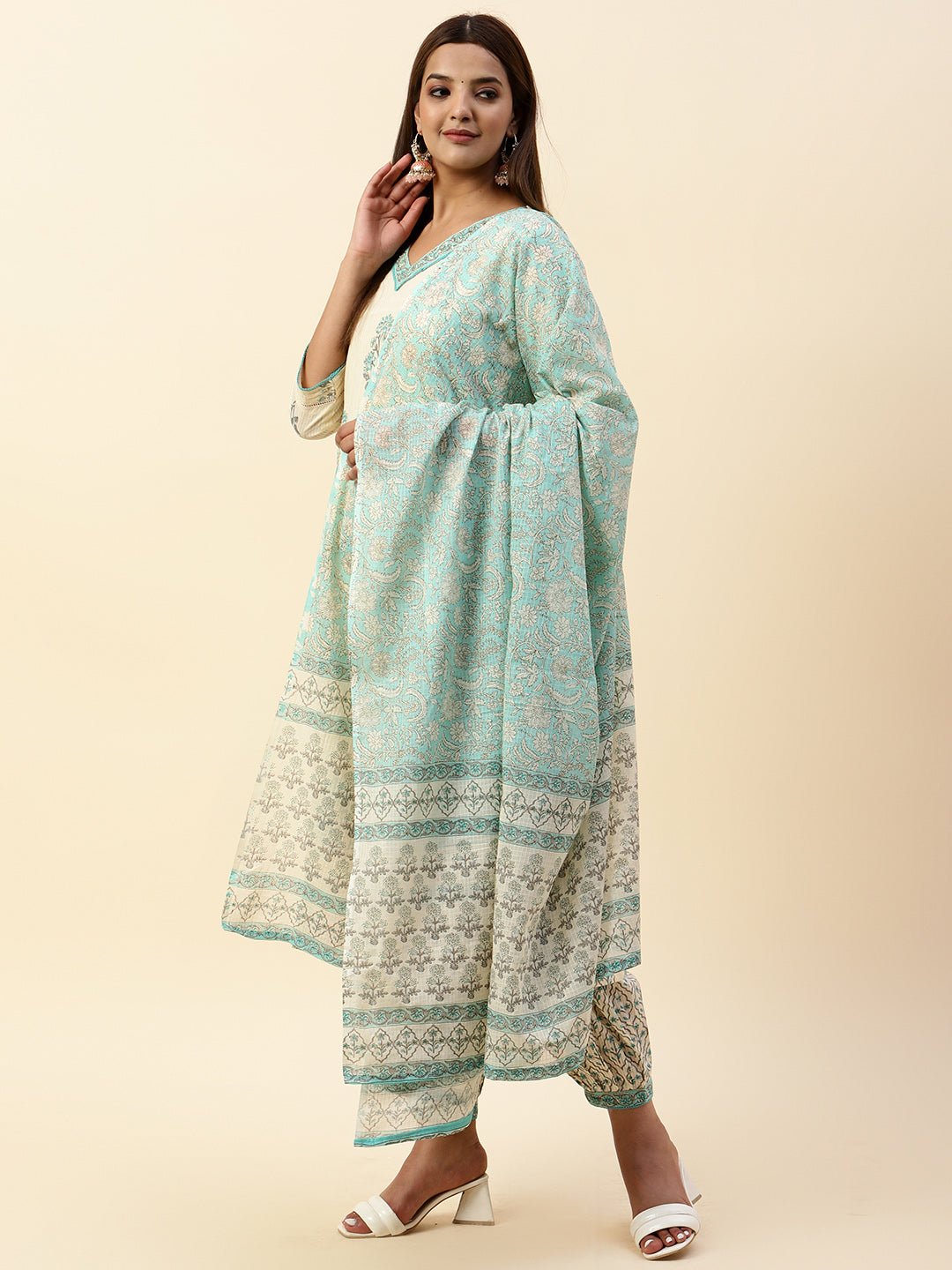Printed Cotton Kurta With Pants &amp; Dupatta