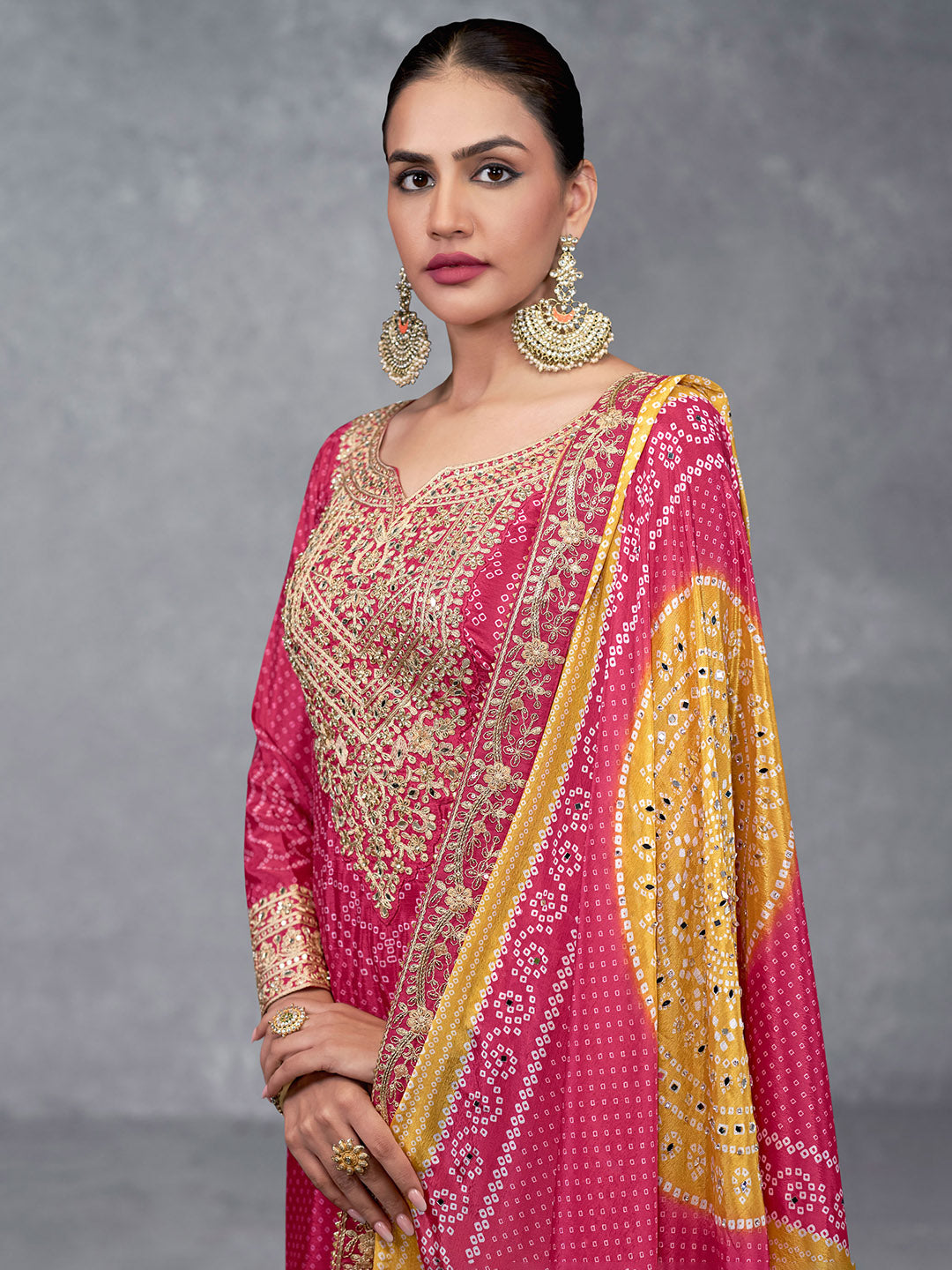 Embroidered Chinon Kurta With Plazzo &amp; Dupatta
