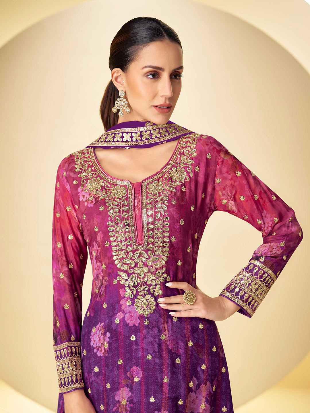 Embroidered Chinon Silk Kurti With Sharara &amp; Dupatta