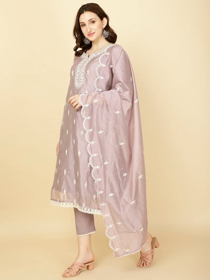 Floral Embroidery Chanderi Kurta With Pants &amp; Dupatta