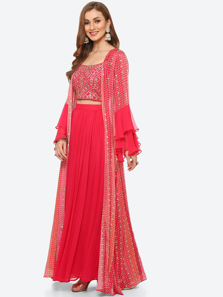 Zari Embroidered Booti Georgette Crop Top With Palazzo &amp; Jacket